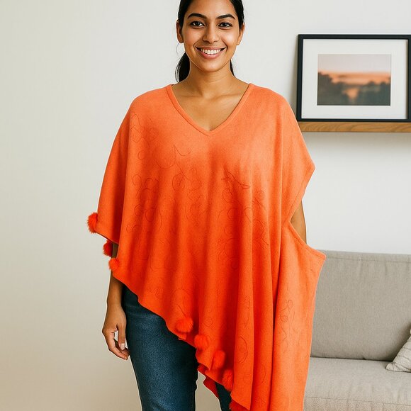 NEW H&M Orange Ombre Embroidered Asymmetrical Tassel Poncho Boho Artsy Western 8 - Picture 1 of 11